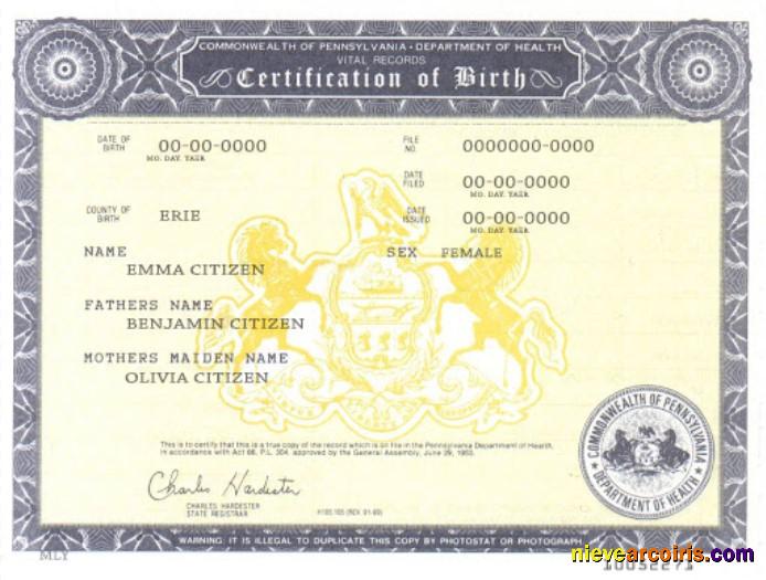 USA Pennsylvania birth certificate
